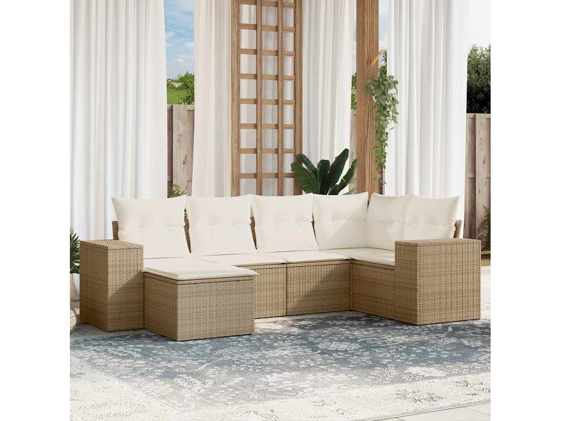 Vidaxl 6 Pcs Conjunto De Sofás P/ Jardim Com Almofadões Vime Pe Bege