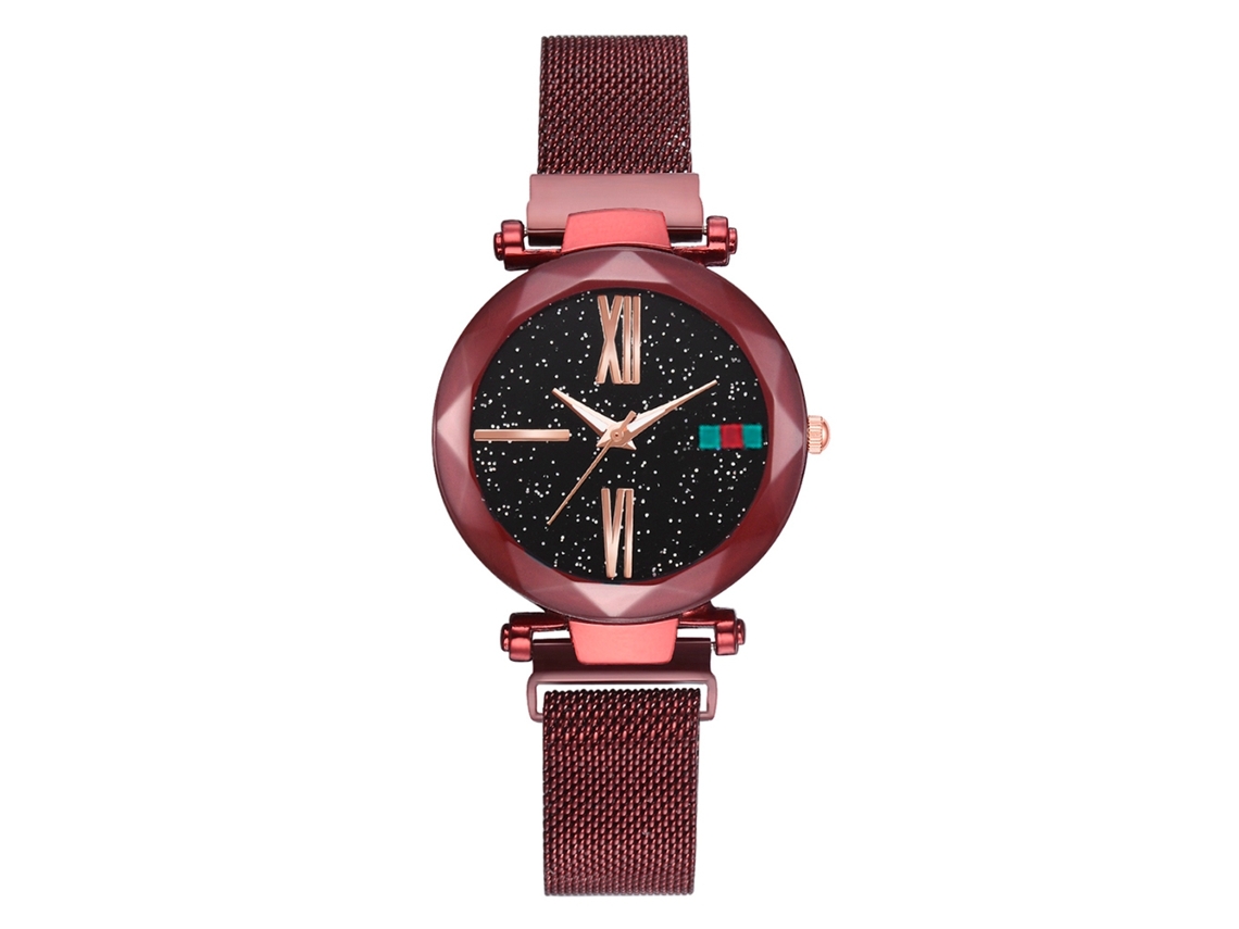Relógio masculino com pulseira de malha e movimento, com design quadrado, redondo e com estrelas brilhantes e coloridas.