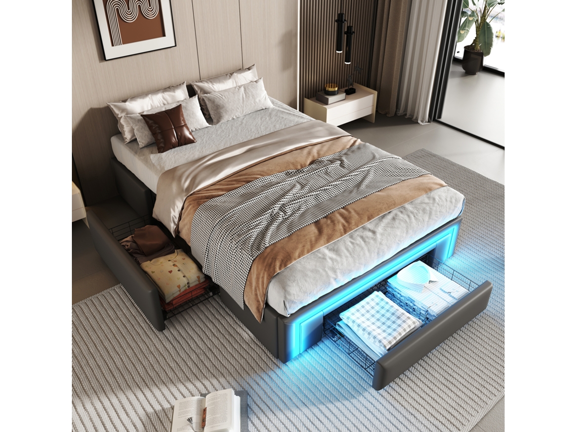 Estrutura De Cama 90x200cm Pu, Gavetas, Fita Led, Ripas Metálicas. Quarto Moderno Cinza. Sem Cabeceira.-op