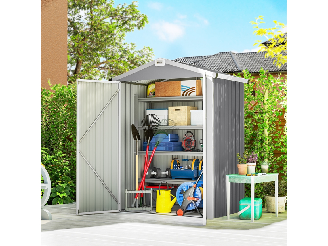 Galpão Metálico Para Jardim De 1,1 M², Cinza Prateado, Com 133x87x178 Cm E Portas Duplas Com Trava De Segurança.