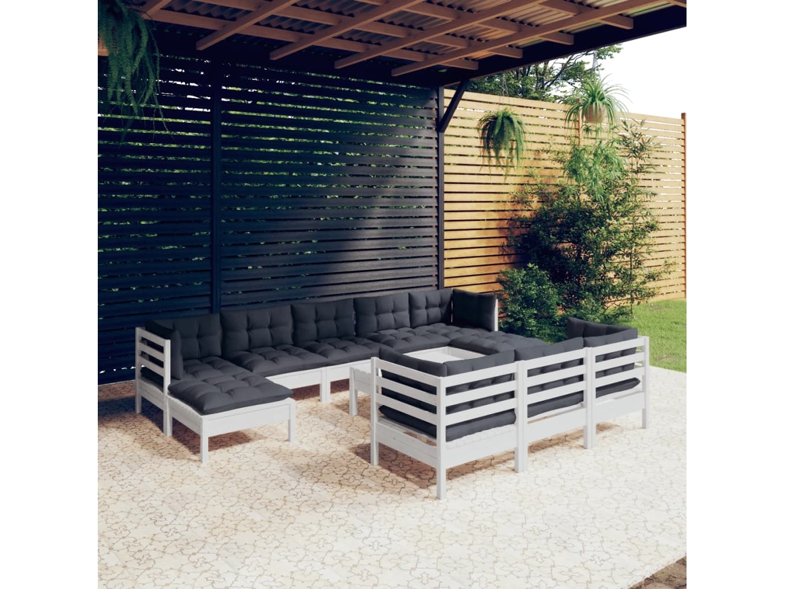 11 Pcs Conj. Lounge De Jardim C/ Almofadões Pinho Maciço Branco Dkd Home Decor