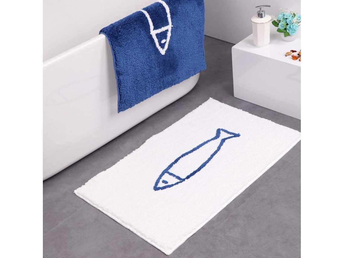 Tapete De Banho Peixe Azul Branco Poliéster Tpe Secagem Rápida