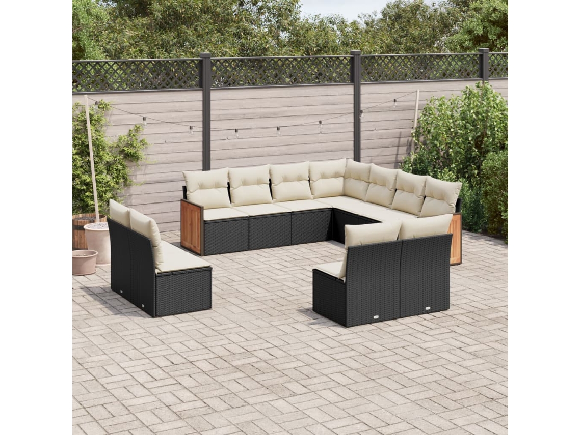 11 Pcs Conjunto Sofás De Jardim C/ Almofadões Vime Pe Preto Dkd Home Decor