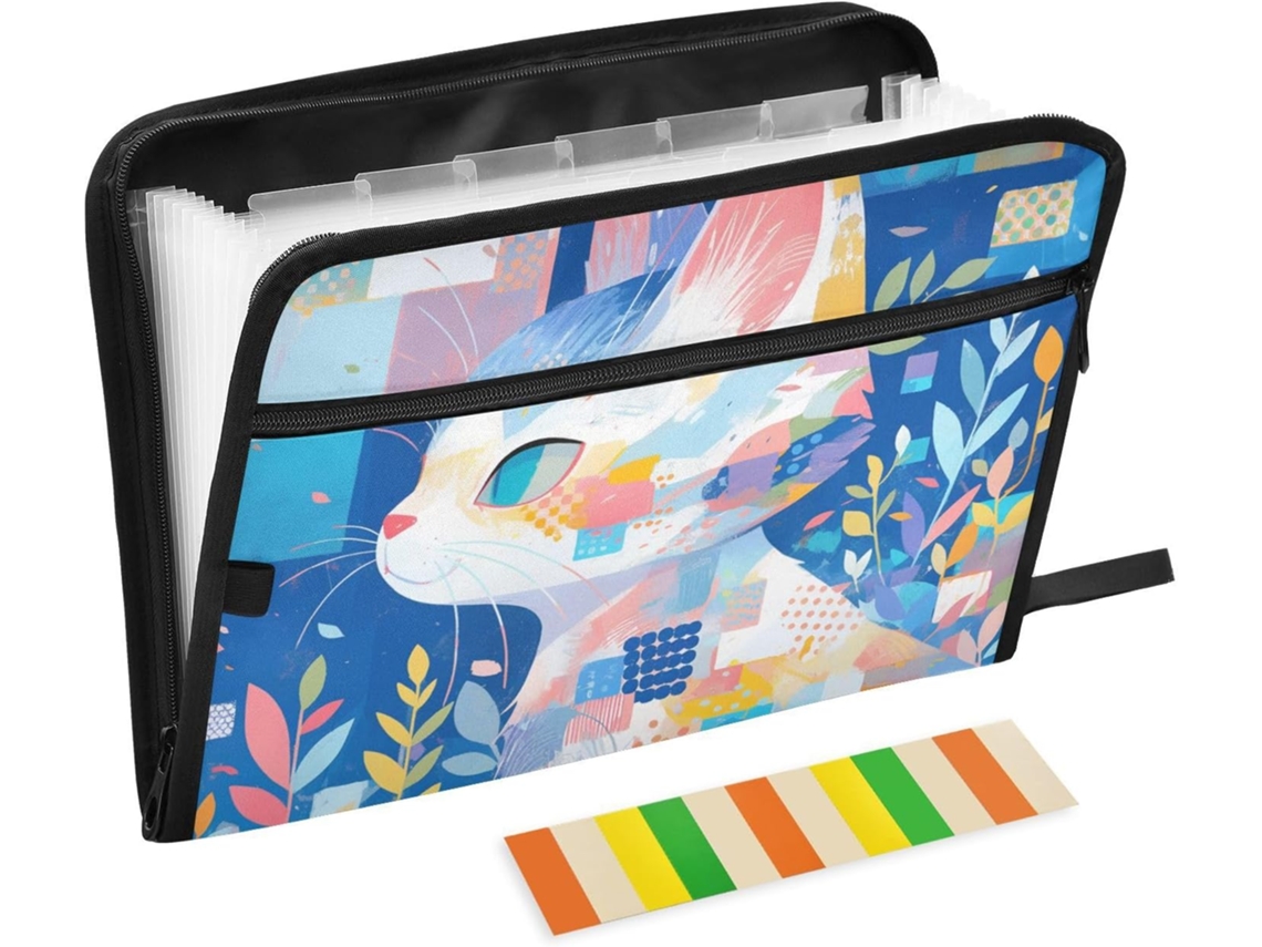 Pasta Suspensa Com 13 Bolsos, Tamanho A4 E Carta, Com Fecho De Zíper, Documentos, Estampa De Gato Azul Colorido