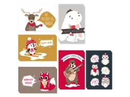 1 Conjunto de Cartões de Felicitações de Natal Animais de Desenho Animado 1 Conjunto de 24 Cartões de Natal com Adesivos de Envelope AURUM