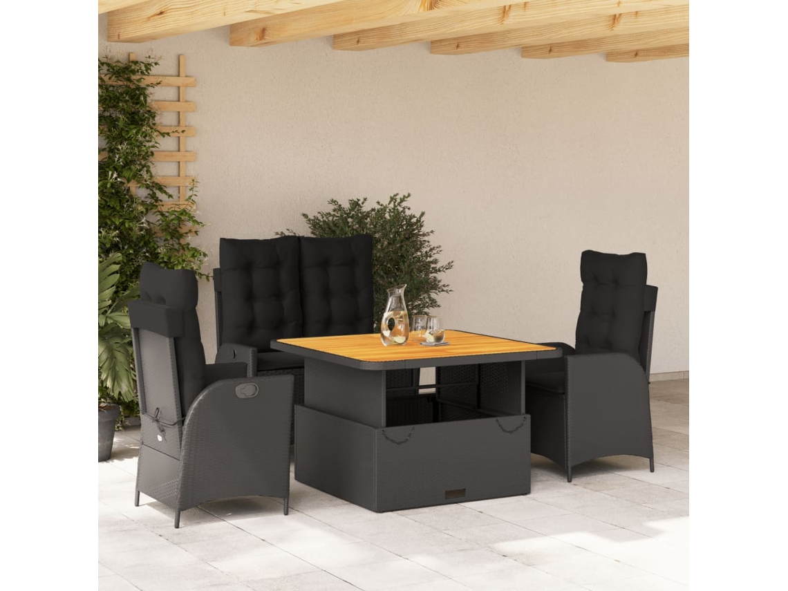 Conjunto de 4 Peças de Jardim P/ Jardim C/ Almofadões Vime Pe Preto Dkd Home Decor