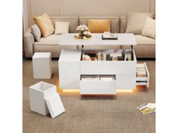 Mesa De Centro 100x50x45 Cm - Sofá Com 2 Bancos, 2 Gavetas, Led, Altura Ajustável - Branco