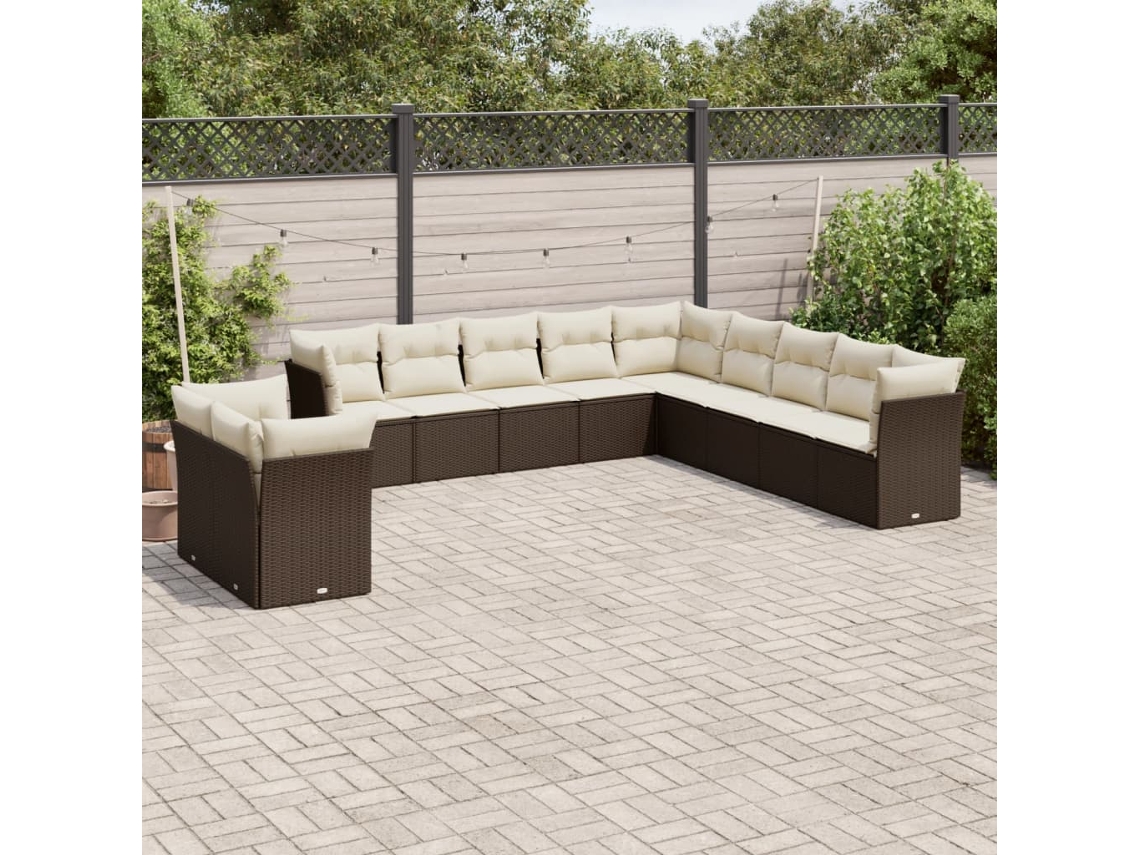 Vidaxl 11 Pcs Conjunto Sofás De Jardim C/ Almofadões Vime Pe Castanho