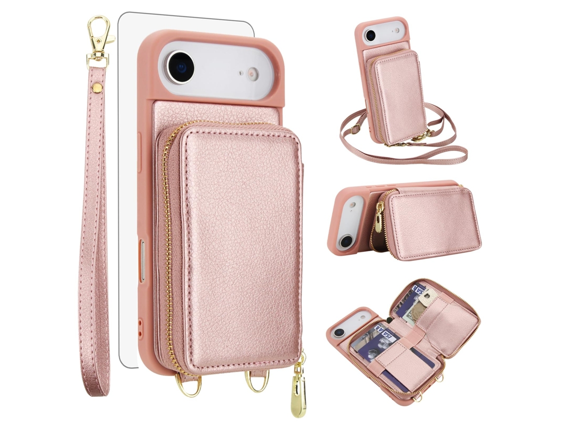Capa Carteira Para Celular Em Couro Pu+tpu Com Protetor De Tela Para Iphone 17 Air (6,5 Polegadas) - Ouro Rosa