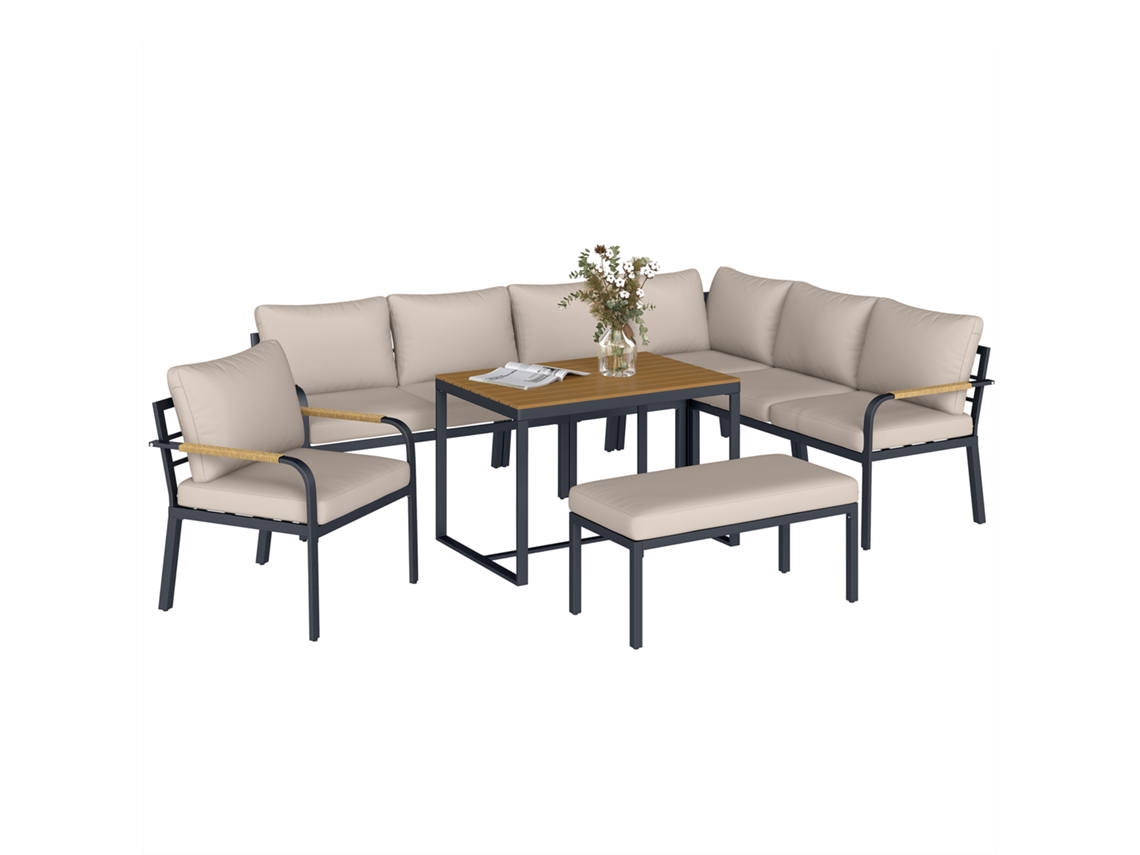 Conjunto Jardim 7 Peças Sofá Canto Modular Mesa Wpc E Puff, Bege E Cinza