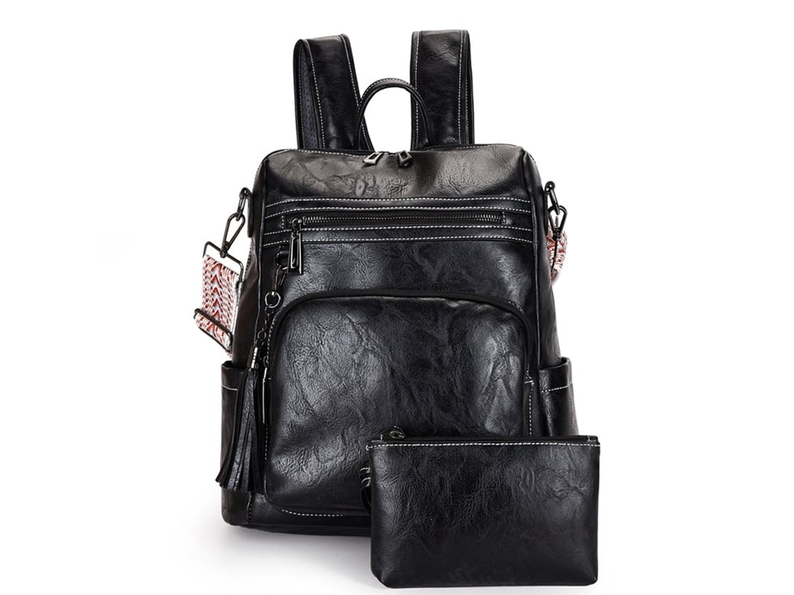 Bolsa Mochila De Viagem Feminina Couro Pu Moda Bolsa De Ombro Feminina Com Borla Bonita Preta*