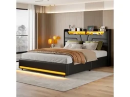 Cama De Casal 140x190 Preta Com Arrumação Hidráulica E Led Rgb, Cabeceira Estofada Com Usb, Estrutura Metálica Reforçada 340kg