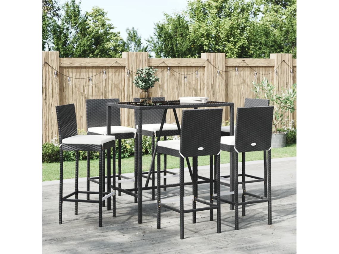 7 Pcs Conjunto De Bar Para Jardim C/ Almofadões Vime Pe Preto Dkd Home Decor