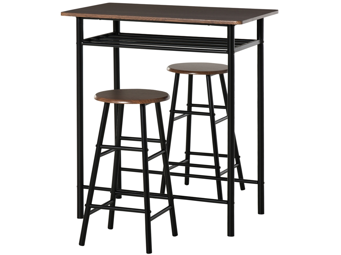 Conjunto de Bar com mesa, 2 banquinhos e prateleira, Carvalho Preto, S/MARCA