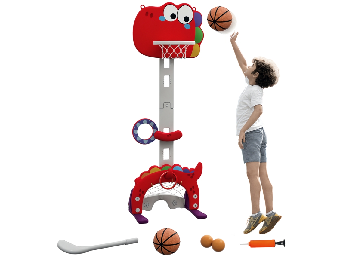 Tabela de Basquetebol 5 em 1 com Altura Ajustável Futebol Golf Aros Jogo de Lançamento 46x51x134 152 Cm Vermelho
