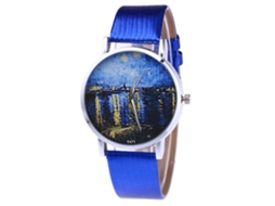 Relógio de quartzo casual para casal com pulseira de couro PU azul, design simples, mostrador redondo.