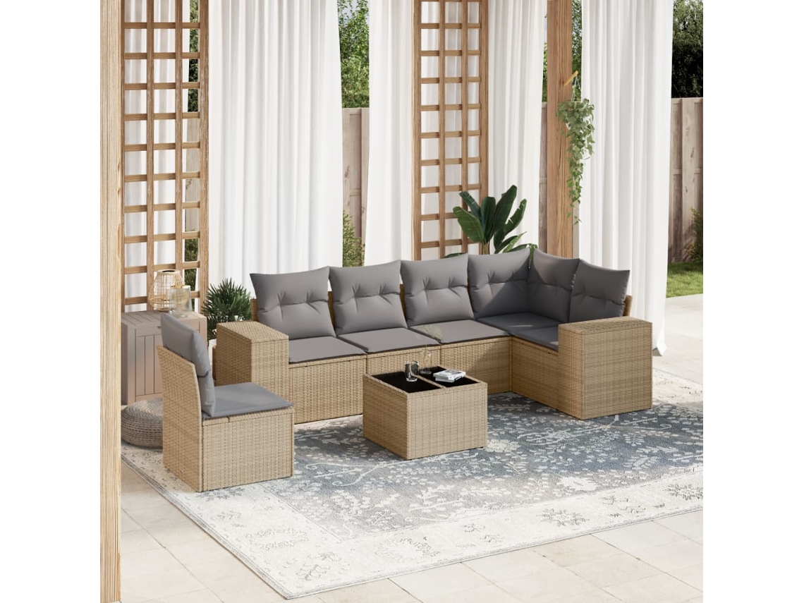 Vidaxl 7 Pcs Conjunto De Sofás P/ Jardim Com Almofadões Vime Pe Bege