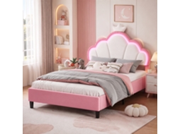 Cama Estofada 140x190 Cm Com Cabeceira Coroa, Luz Led Ajustável, Luz De Leitura Integrada E Estrutura Infantil Para Quarto De Menina Rosa