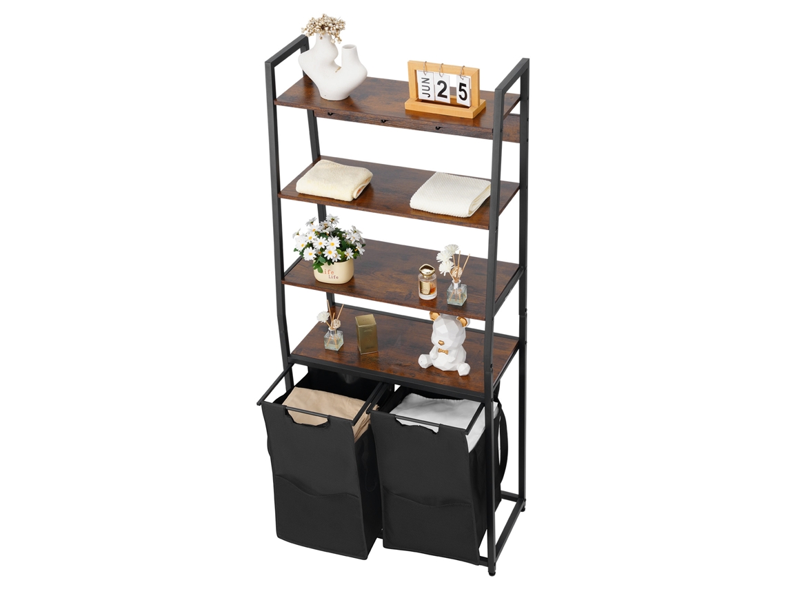Cesto De Roupa Suja Da Succebuy Com 4 Níveis, Prateleiras E Ganchos, 2 Secções, Preto