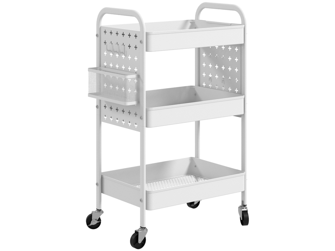 Carrito De Serviço Com 3 Estantes E 2 Cestas Colgantes, Ideal Para Cozinha E Sala, Fabricado Em Acero E Cor Branco. Zkaka