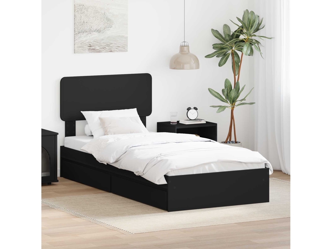 Vidaxl Cama Com Armazenamento Preto 75 X 190 Cm Derivados De Madeira