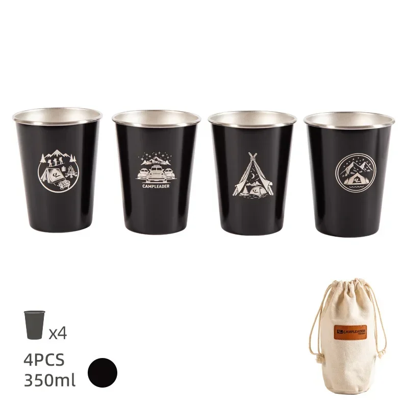 Caneca de Aço Inoxidável 304 para Camping com Bolsa de Armazenamento. MDUG (350 Ml, Preta)