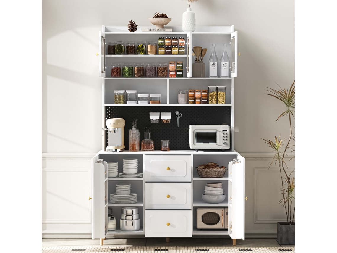 Armário De Cozinha Com Prateleira Perfurada E Pés De Madeira Maciça,buffet Com Gavetas,ideal Para Cozinha E Sala De Jantar(branco)