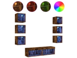 Conjunto de Parede Móveis P/ Tv C/ Leds Derivados Madeira Carvalho Fumado MAISON EXCLUSIVE