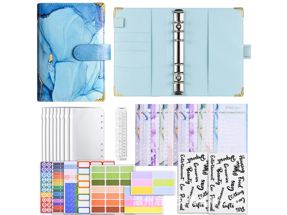 A6 Macaron Textured Pu Leather Budget Planner Notebook With Gift Set Lake Blue 12-budget Cards + 8-zipper Bags 2-word