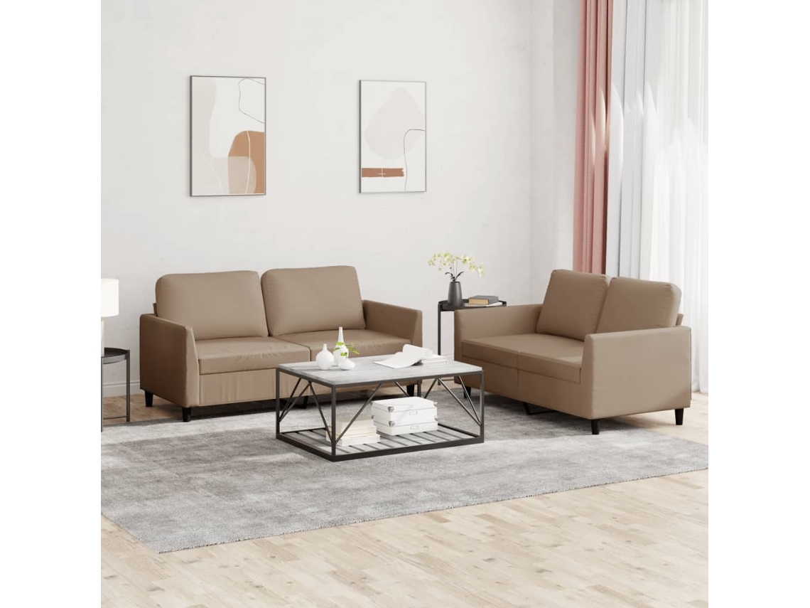Vidaxl 2 Pcs Conjunto Sofás C/ Almofadões Couro Artif. Cor Cappuccino