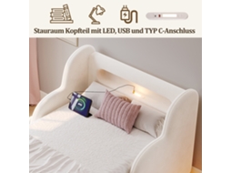 Cama Individual 90x200 Cm com grade de proteção, luz noturna, porta USB e espaço de armazenamento bege NOVELA