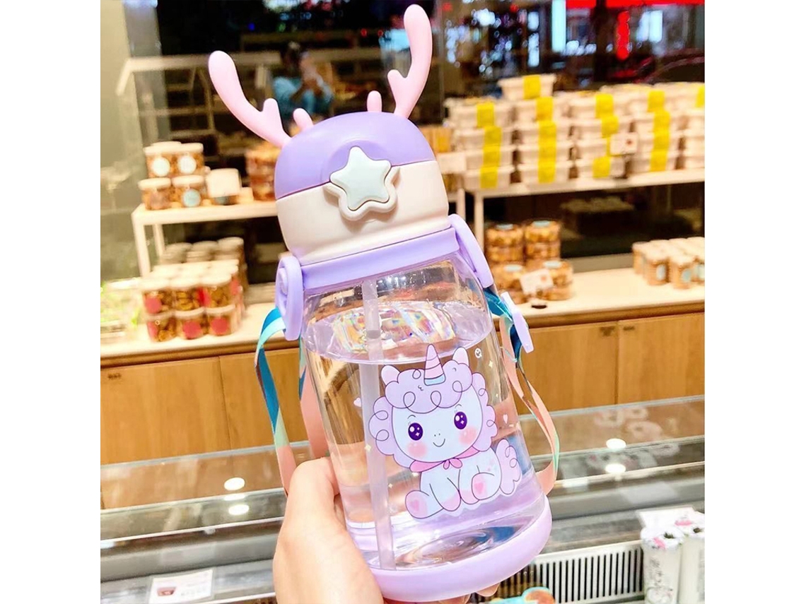 Garrafa de Água Infantil de 600ml com Desenho Criativo de Antílope e Copo Portátil para Alimentação MDUG (estilo 5)