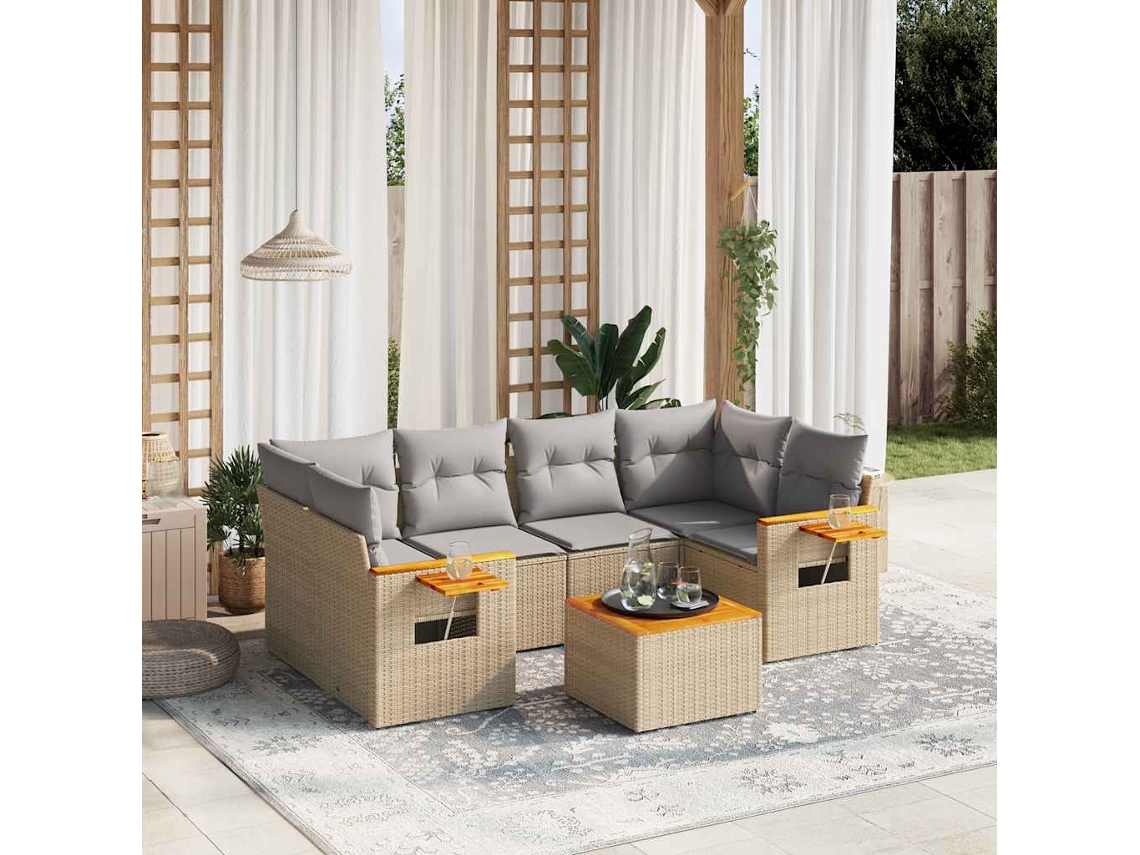 Vidaxl 7 Pcs Conjunto De Sofás P/ Jardim Com Almofadões Vime Pe Bege