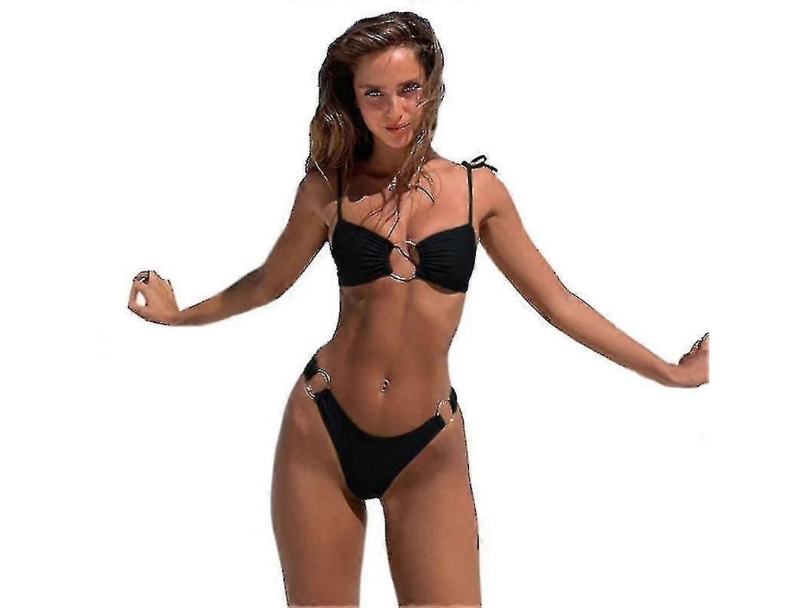 Traje De Bikini Brasileño De Dos Piezas Alto Talle Con Anillo Para Mujer De Alta Calidad S Negro