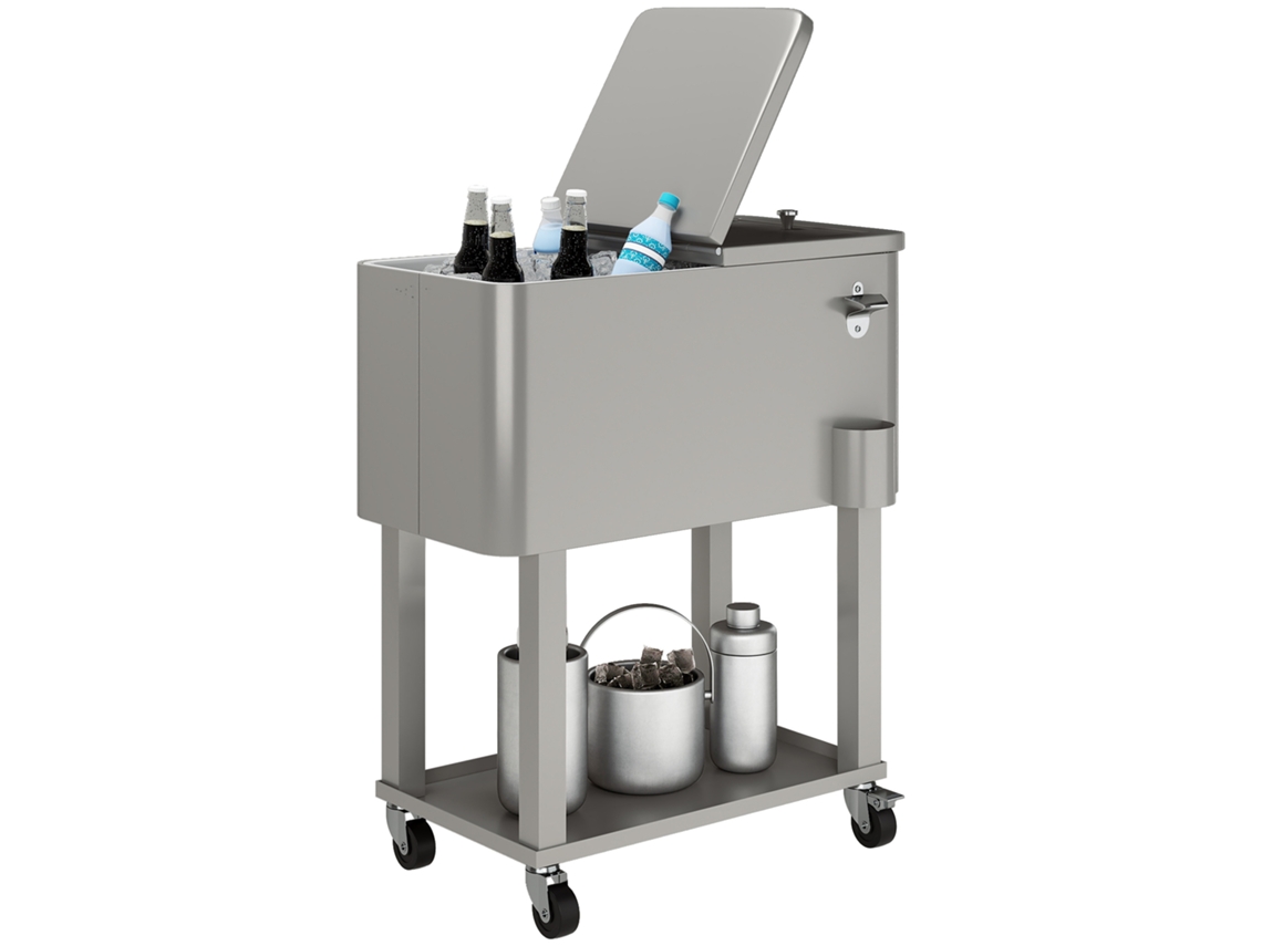 Carrinho Refrigerador de Bebidas 56l com Rodas, Abridor de Garrafas e Prateleira 67x35x80 cm CINZA CLARO