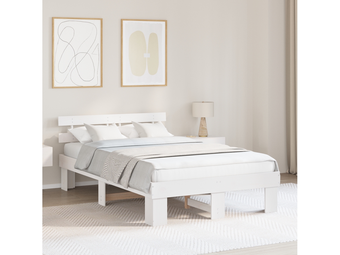 Estrado De Cama Com Cabeceira Branca 120x200 Cm Madeira Maciça De Pinho