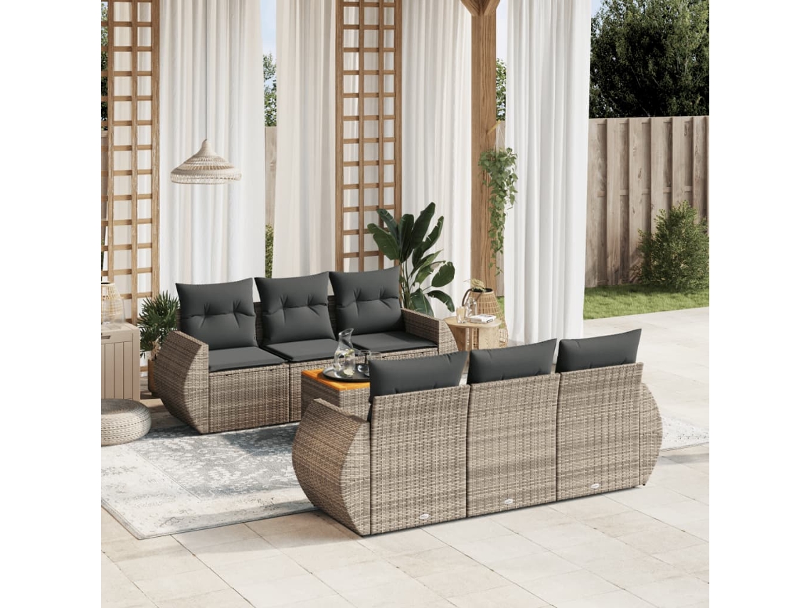 Vidaxl 7 Pcs Conjunto Sofás P/ Jardim C/ Almofadões Vime Pe Cinzento