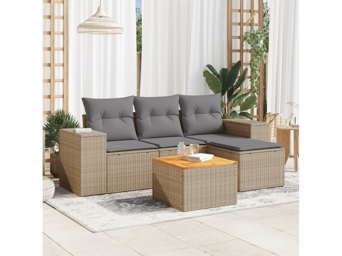 Vidaxl 5 Pcs Conjunto De Sofás P/ Jardim Com Almofadões Vime Pe Bege