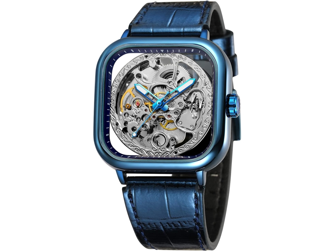 Lurelia Relógio Mecânico Masculino, Automático, Mostrador Esqueleto, Turbilhão, Couro, Pele, Dourado