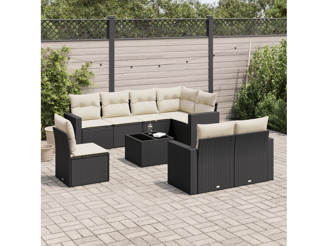 Vidaxl 9 Pcs Conjunto De Sofás P/ Jardim C/ Almofadões Vime Pe Preto