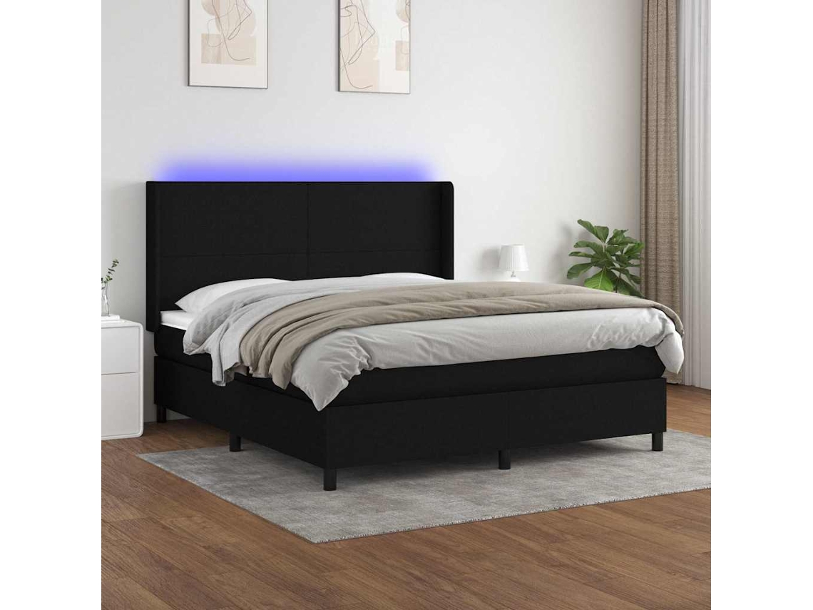 Vidaxl Cama Box Spring C/ Colchão E Led 160x200 Cm Tecido Preto