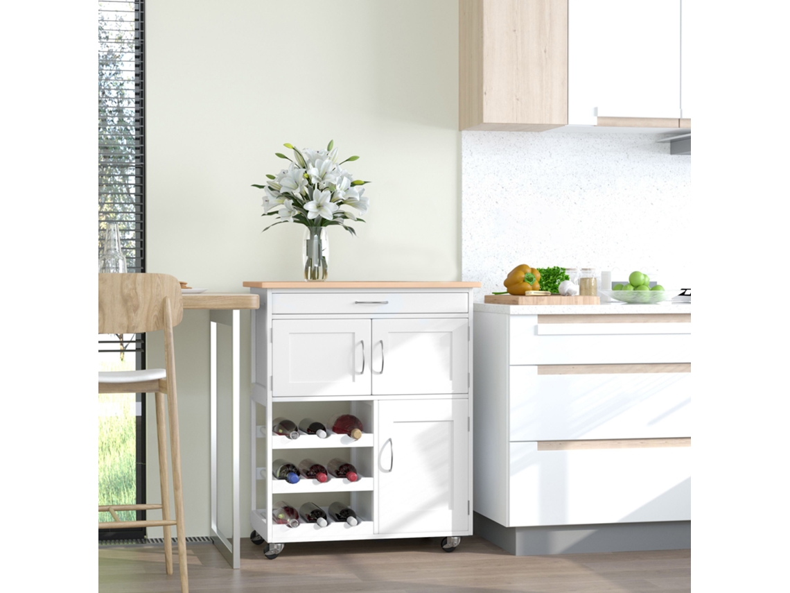 Carrinho De Cozinha C/rodas Com Gaveta 2 Armários Armazen. E 3 Prateleiras Abertas Para 9 Garrafas P/ Sala Jantar 67x37x87cm Branco