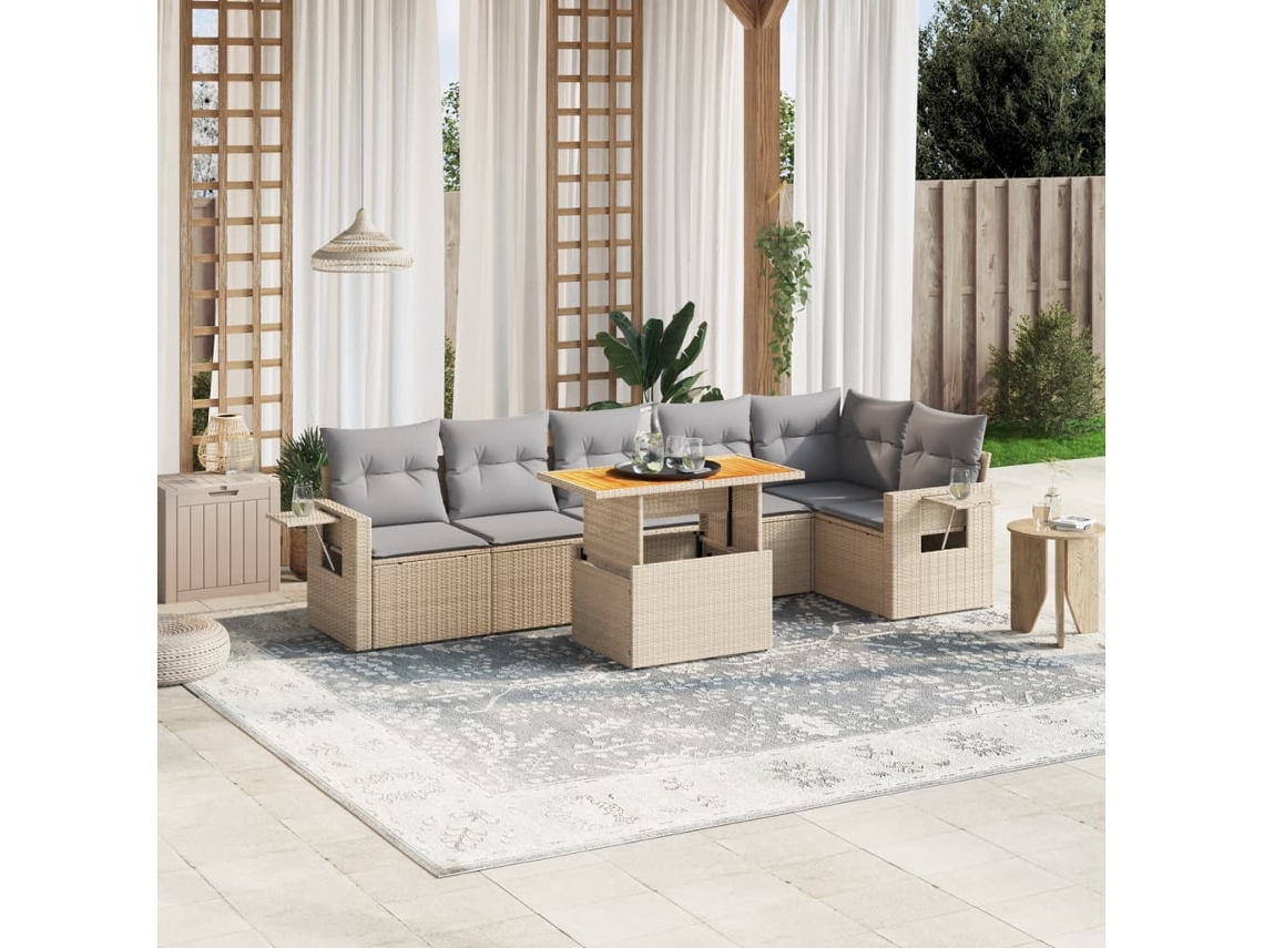 Vidaxl 7 Pcs Conjunto de Sofás P/ Jardim com Almofadões Vime Pe Bege