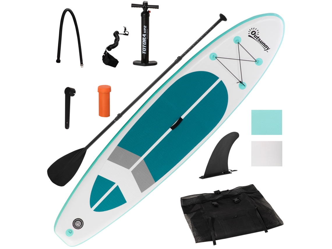 Prancha De Paddle Surf Inflável 320x76x15cm Dobrável Com Remo De Alumínio Ajustável Desmontável Bolsa De Transporte E Acessórios Branco E Turquesa