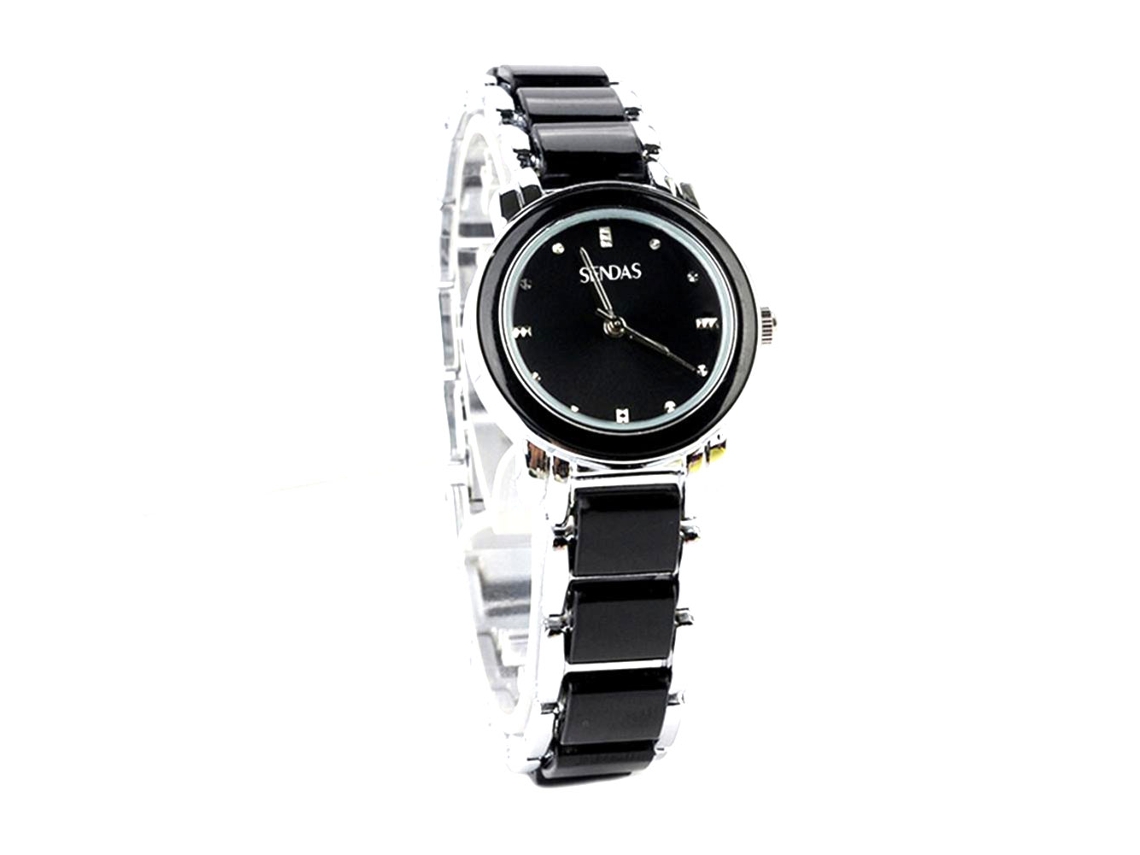 Relógio de pulso feminino Senda com mostrador redondo e zircônias cúbicas, movimento de quartzo, prata e preto.