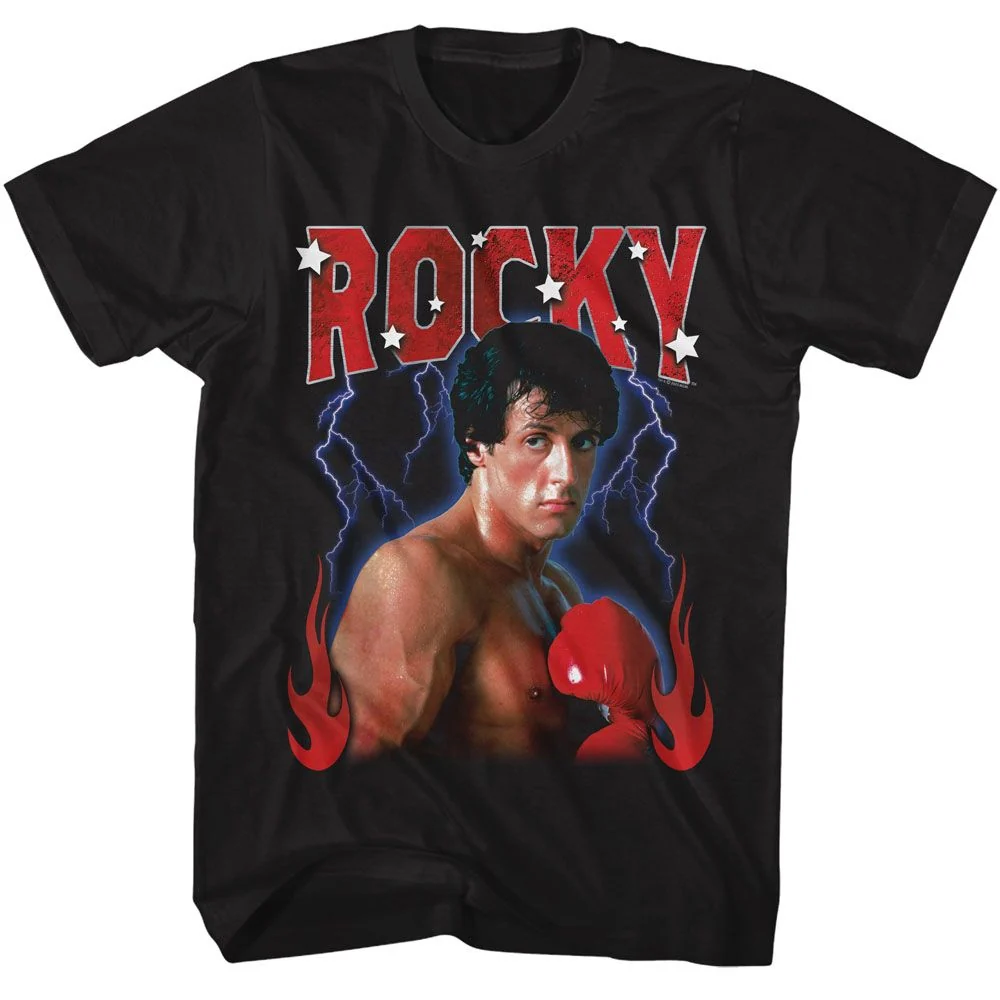 Rockinstone Rocky Movie Lightning Flames Black Adult T-shirt Size:l