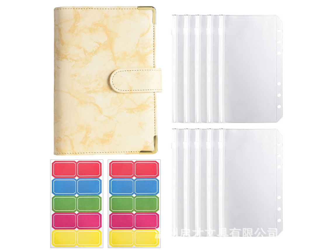 A6 Pu Leather Marble Pattern Budget Notebook With Yellow Cover, 10-zipper Pockets, 2-sets Of 5-color 10-grid Labels