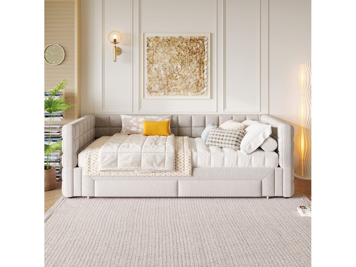 Daybett 90x200cm - Sofá-cama Com Encosto Quadrado, Cama Extensível (até 180 Tamanho Queen), 2 Gavetas - Bege