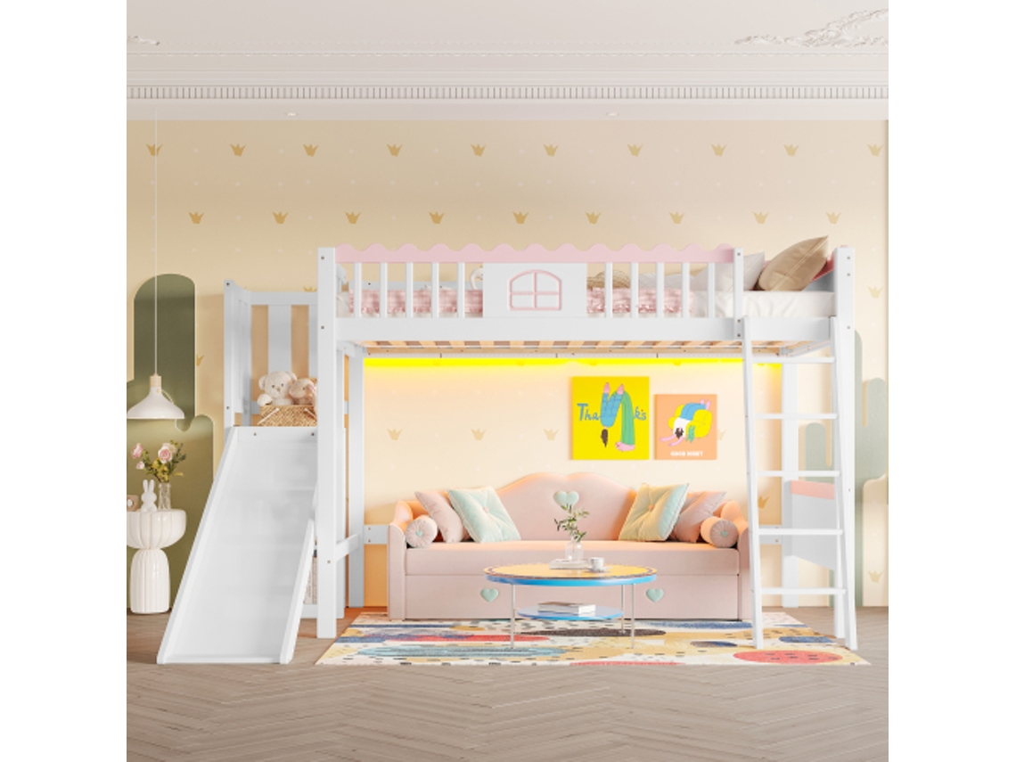 Cama Beliche Infantil Com Led, Prateleiras E Escorregador, Certificação En747, Madeira De Pinho, 90x200cm, Branco - Sem Colchão