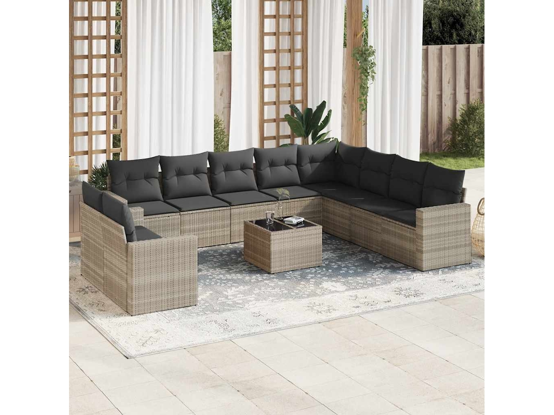 Vidaxl 11 Pcs Conjunto Sofás De Jardim C/ Almofadões Vime Pe Cinzento